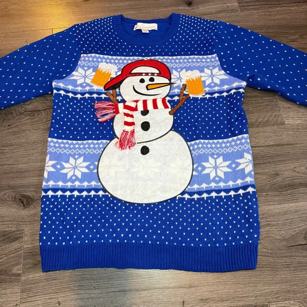 Jolly Sweaters Christmas sweater - Blue Snowman cheering with beers size Medium